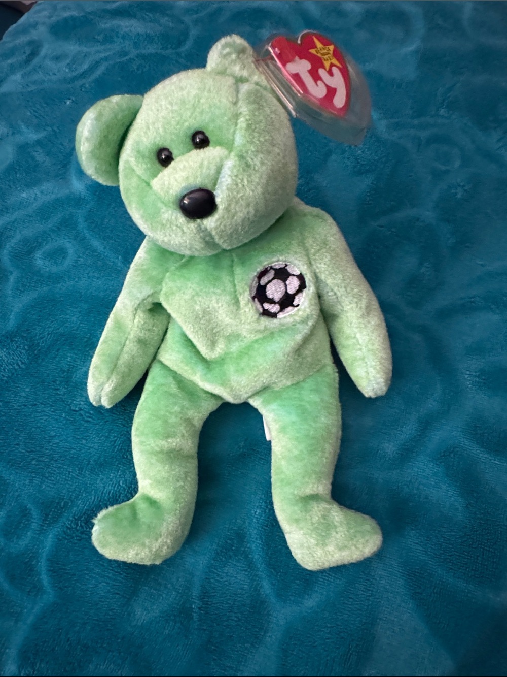 Ty Green Bear with Soccer “Kicks” Patch Plush